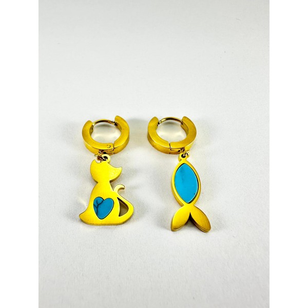 Gold Kedi Ve Balık Detaylı Küpe